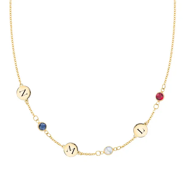 Personalized Classic 3 Letter & 3 Birthstone Necklace in 14k Gold (Single Spacing) sold by Haverhill