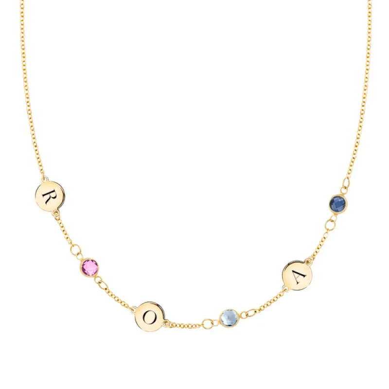 Personalized Classic 3 Letter & 3 Birthstone Necklace in 14k Gold (Single Spacing) sold by Haverhill