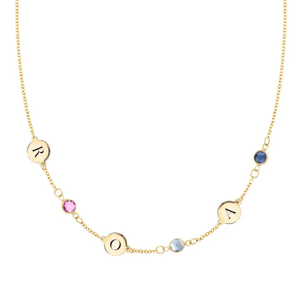 Personalized Classic 3 Letter & 3 Birthstone Necklace in 14k Gold (Single Spacing) sold by Haverhill