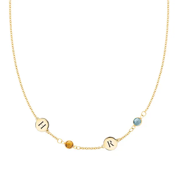 Personalized 2 Letter & 2 Classic Birthstone Necklace in 14k Gold (Single Spacing) sold by Haverhill