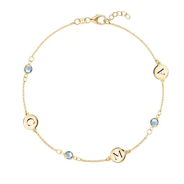 Personalized Classic 3 Letter & 3 Birthstone Bracelet in 14k Gold sold by Haverhill