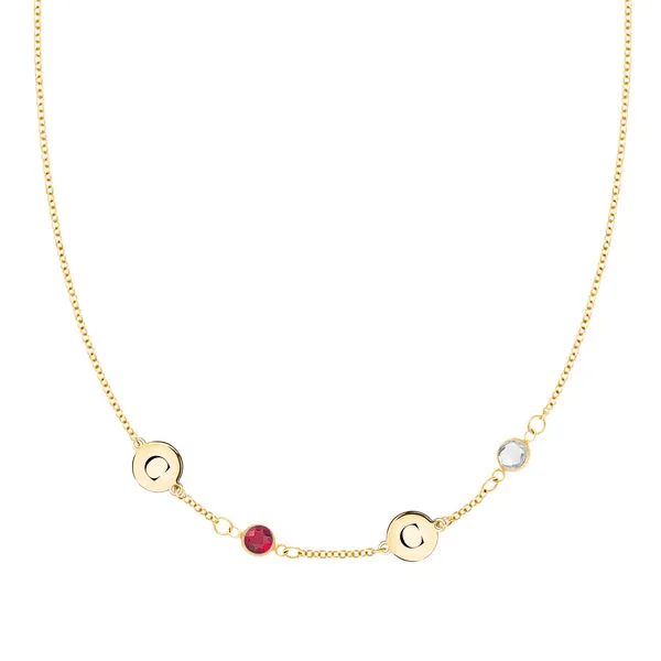 Personalized Classic 2 Letter & 2 Birthstone Necklace in 14k Gold (Single Spacing) sold by Haverhill