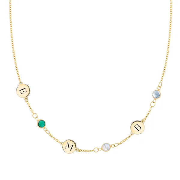 Personalized Classic 3 Letter & 3 Birthstone Necklace in 14k Gold (Single Spacing) sold by Haverhill