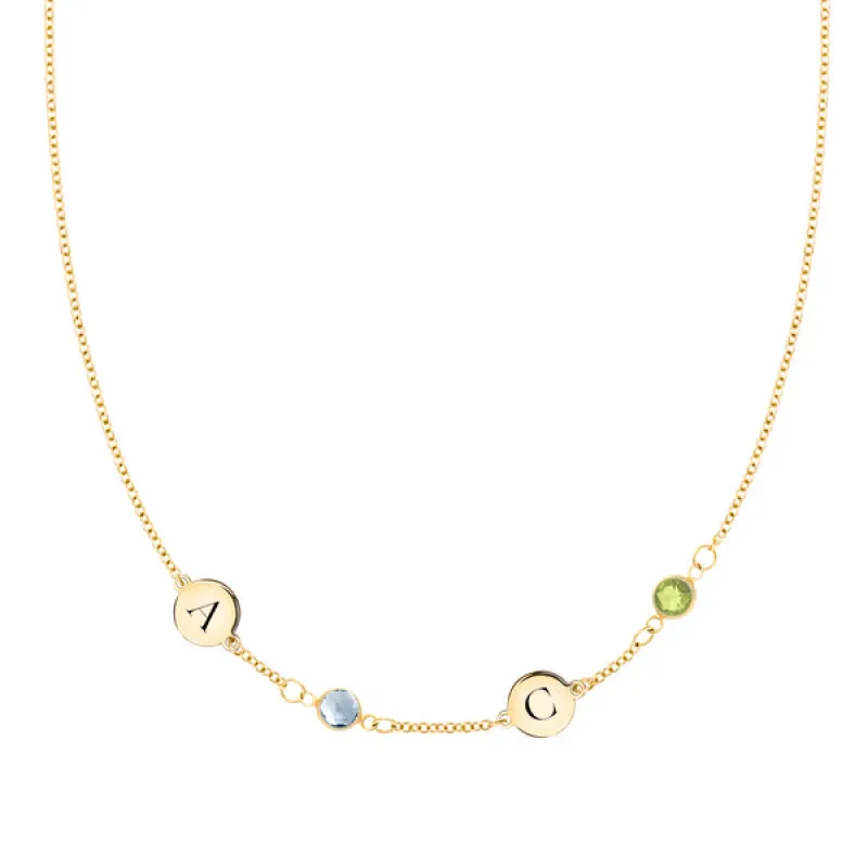 Personalized 2 Letter & 2 Classic Birthstone Necklace in 14k Gold (Single Spacing) sold by Haverhill