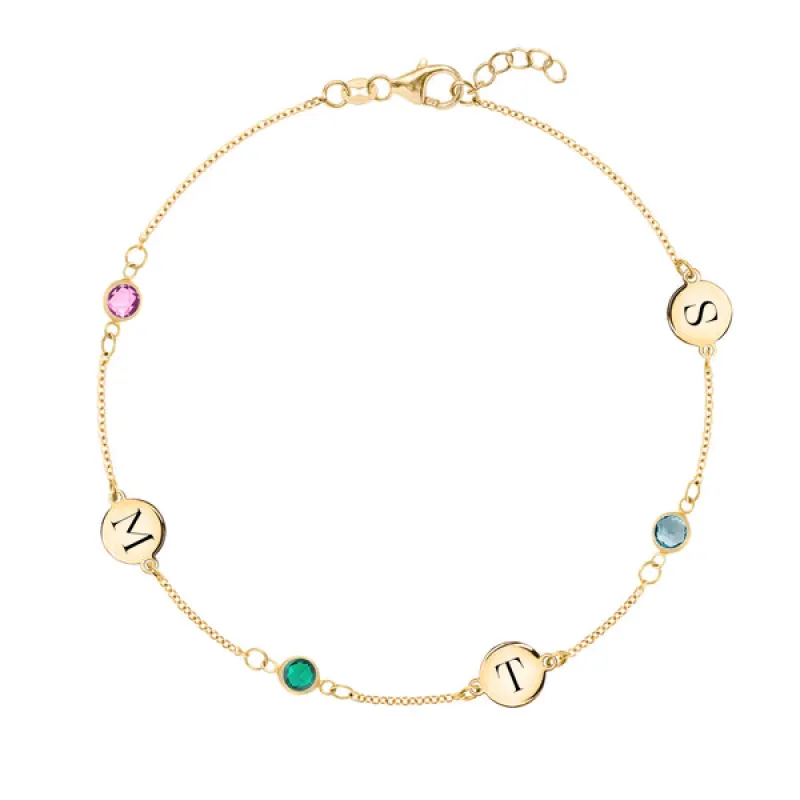 Personalized Classic 3 Letter & 3 Birthstone Bracelet in 14k Gold sold by Haverhill