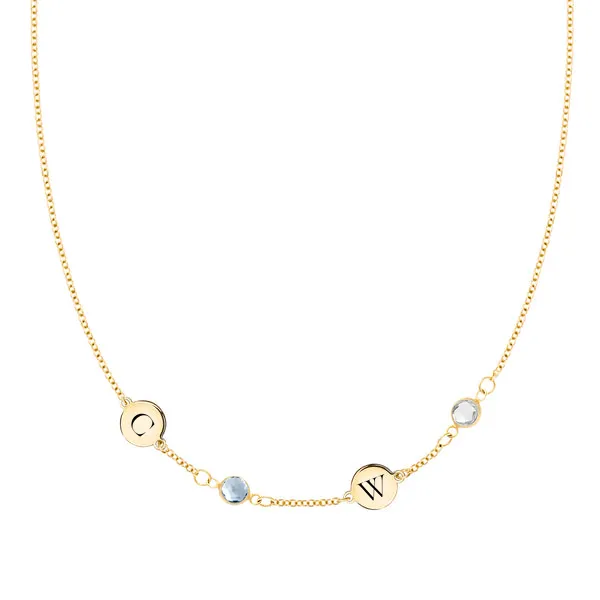Personalized Classic 2 Letter & 2 Birthstone Necklace in 14k Gold (Single Spacing) sold by Haverhill