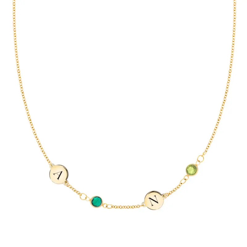 Personalized 2 Letter & 2 Classic Birthstone Necklace in 14k Gold (Single Spacing) sold by Haverhill