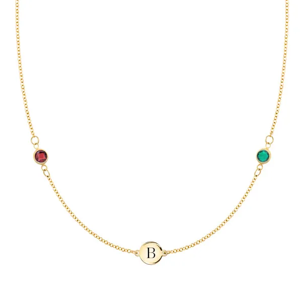 Personalized 1 Letter & 2 Classic Birthstone Necklace in 14k Gold sold by Haverhill