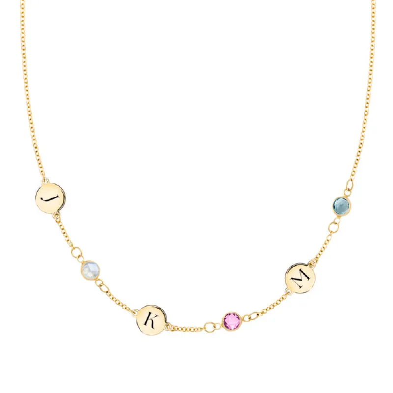 Personalized Classic 3 Letter & 3 Birthstone Necklace in 14k Gold (Single Spacing) sold by Haverhill