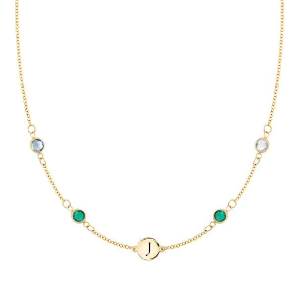 Personalized Classic 1 Letter & 4 Birthstone Necklace in 14k Gold (Double Spacing) sold by Haverhill