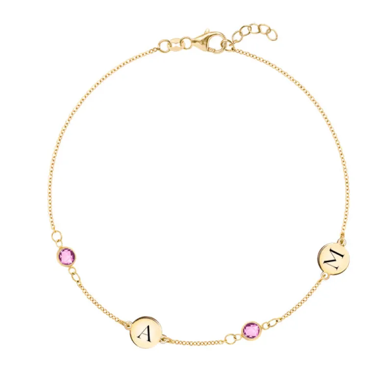 Personalized Classic 2 Letter & 2 Birthstone Bracelet in 14k Gold sold by Haverhill