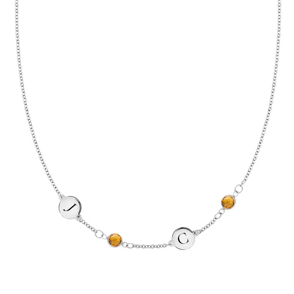 Personalized Classic 2 Letter & 2 Birthstone Necklace in 14k Gold (Single Spacing) sold by Haverhill