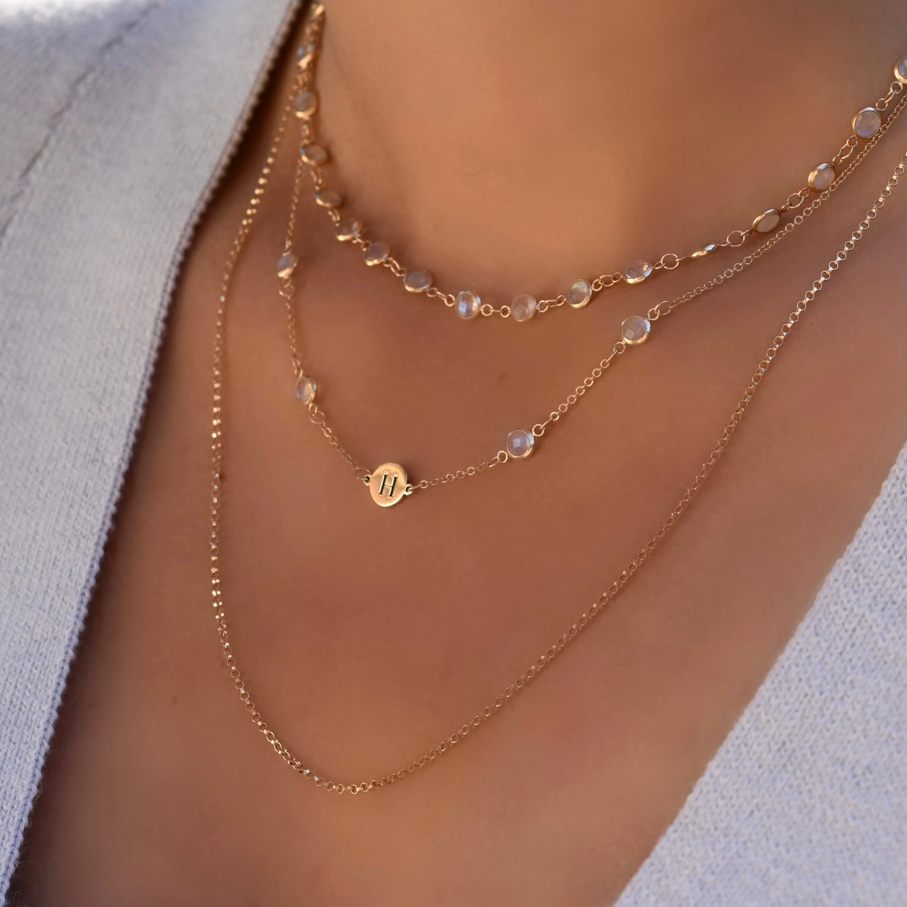 Personalized Classic 1 Letter & 4 Moonstone Necklace in 14k Gold (June) sold by Haverhill product image thumbnail 5