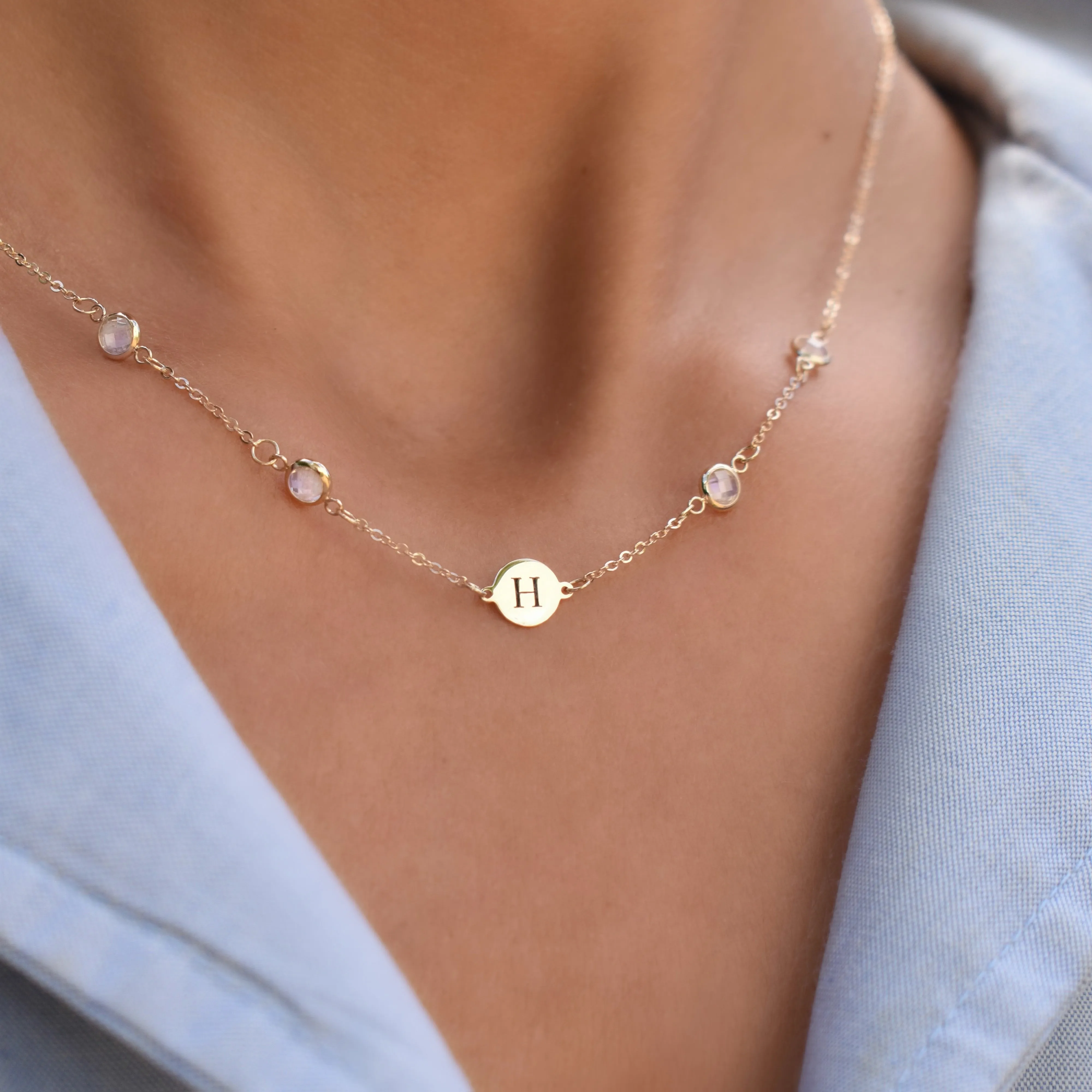 Personalized Classic 1 Letter & 4 Moonstone Necklace in 14k Gold (June) sold by Haverhill product image thumbnail 3