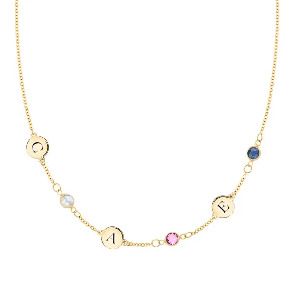 Personalized Classic 3 Letter & 3 Birthstone Necklace in 14k Gold (Single Spacing) sold by Haverhill