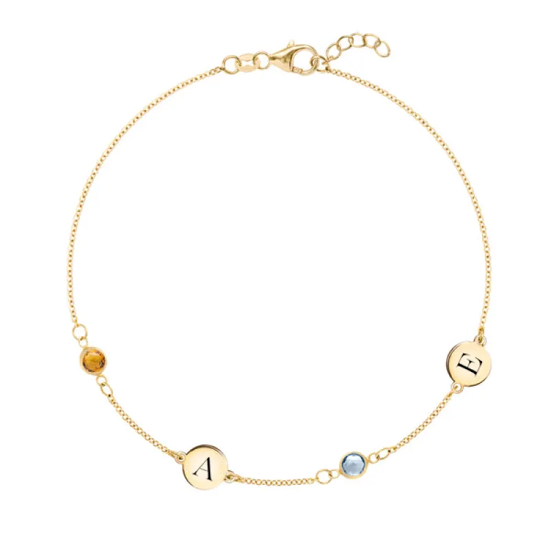 Personalized Classic 2 Letter & 2 Birthstone Bracelet in 14k Gold sold by Haverhill