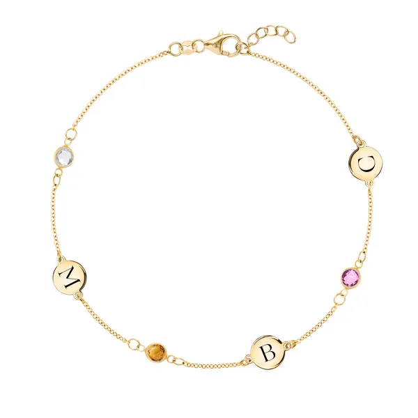 Personalized 3 Letter & 3 Classic Birthstone Bracelet in 14k Gold sold by Haverhill