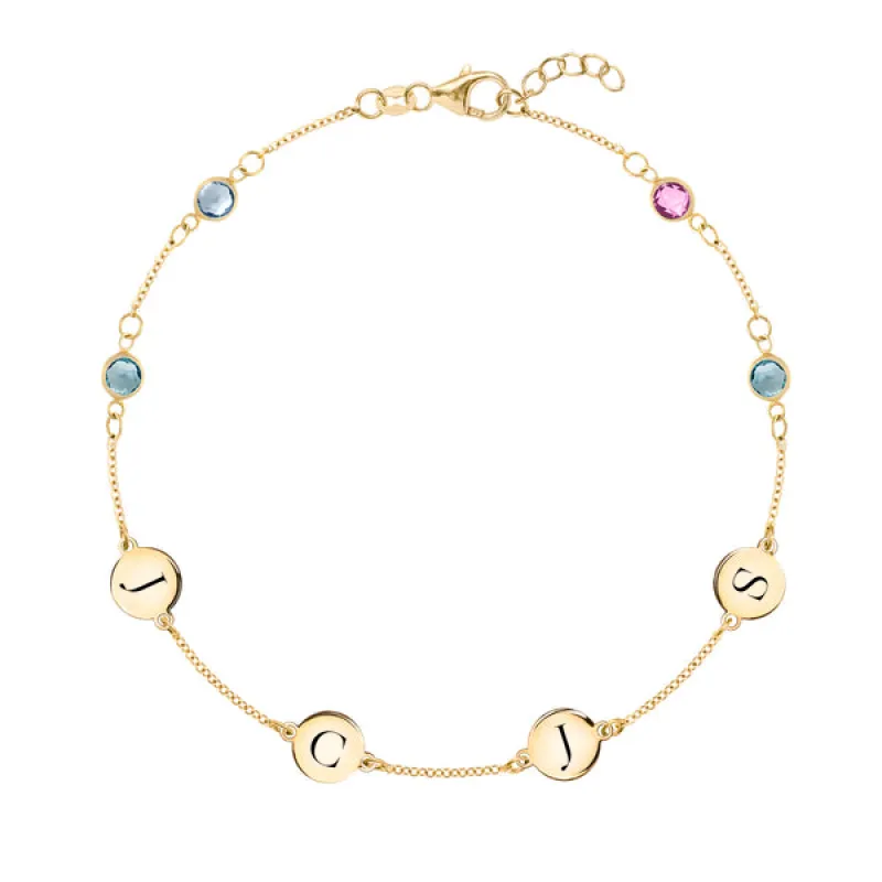Personalized Classic 4 Letter & 4 Birthstone Bracelet in 14k Gold sold by Haverhill
