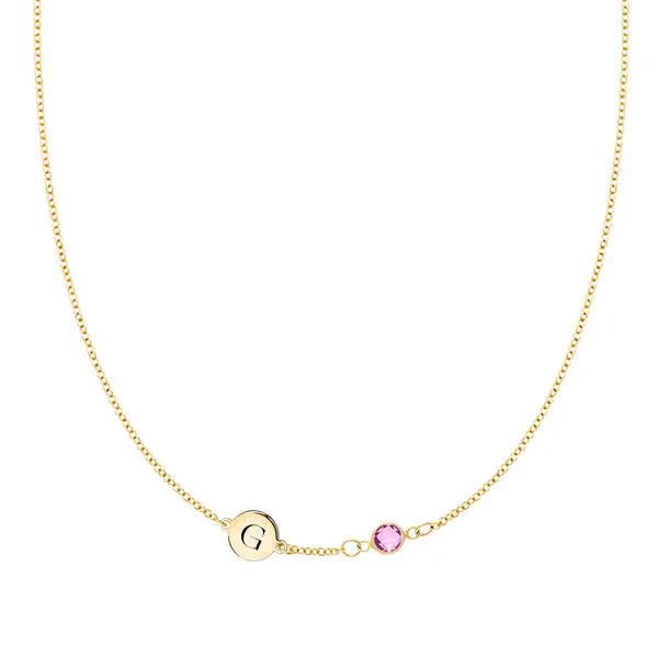 Personalized Classic 1 Letter & 1 Birthstone Necklace in 14k Gold (Single Spacing) sold by Haverhill