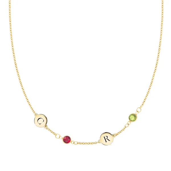 Personalized Classic 2 Letter & 2 Birthstone Necklace in 14k Gold (Single Spacing) sold by Haverhill