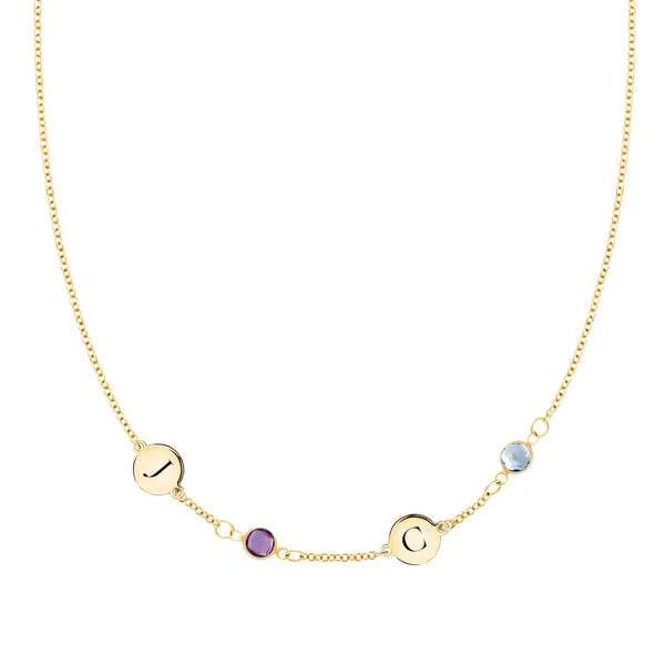 Personalized Classic 2 Letter & 2 Birthstone Necklace in 14k Gold (Single Spacing) sold by Haverhill