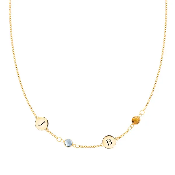 Personalized 2 Letter & 2 Classic Birthstone Necklace in 14k Gold (Single Spacing) sold by Haverhill