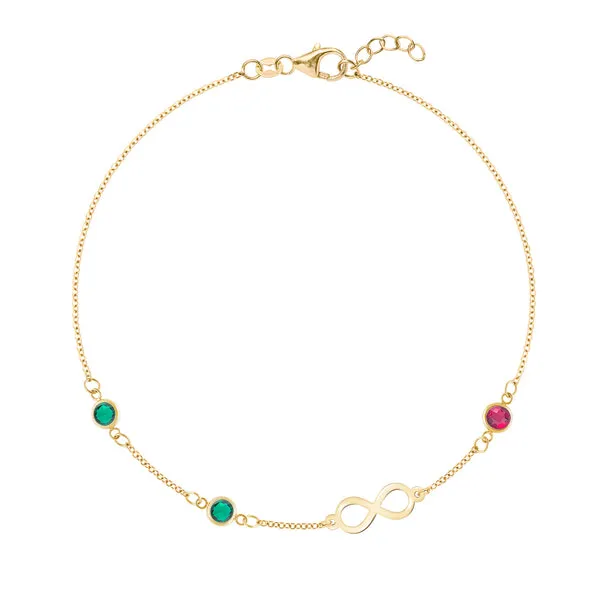 Personalized Classic Infinity & 3 Birthstone Bracelet in 14k Gold sold by Haverhill