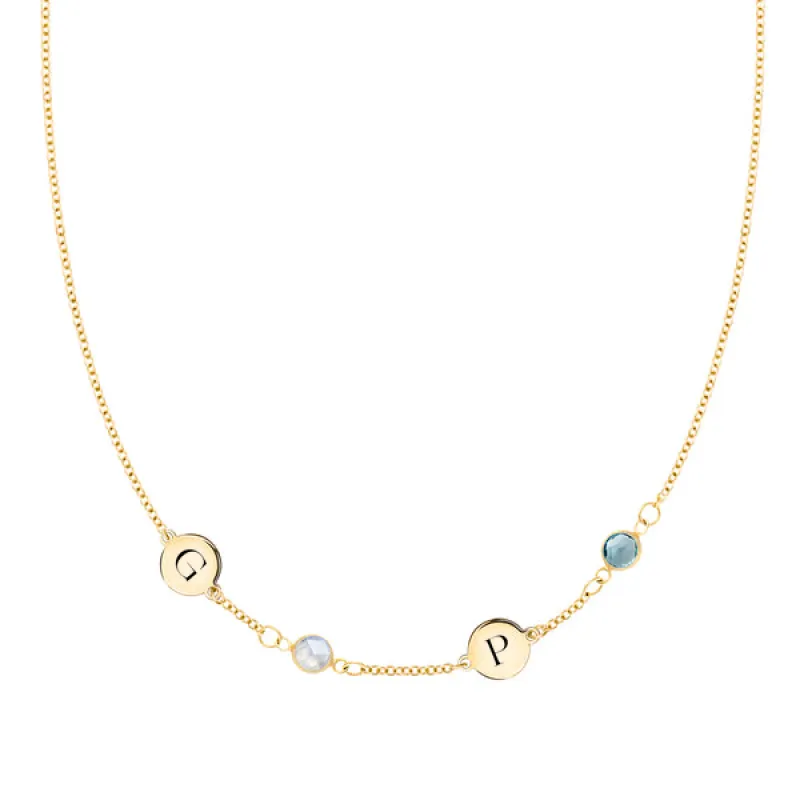 Personalized Classic 2 Letter & 2 Birthstone Necklace in 14k Gold (Single Spacing) sold by Haverhill