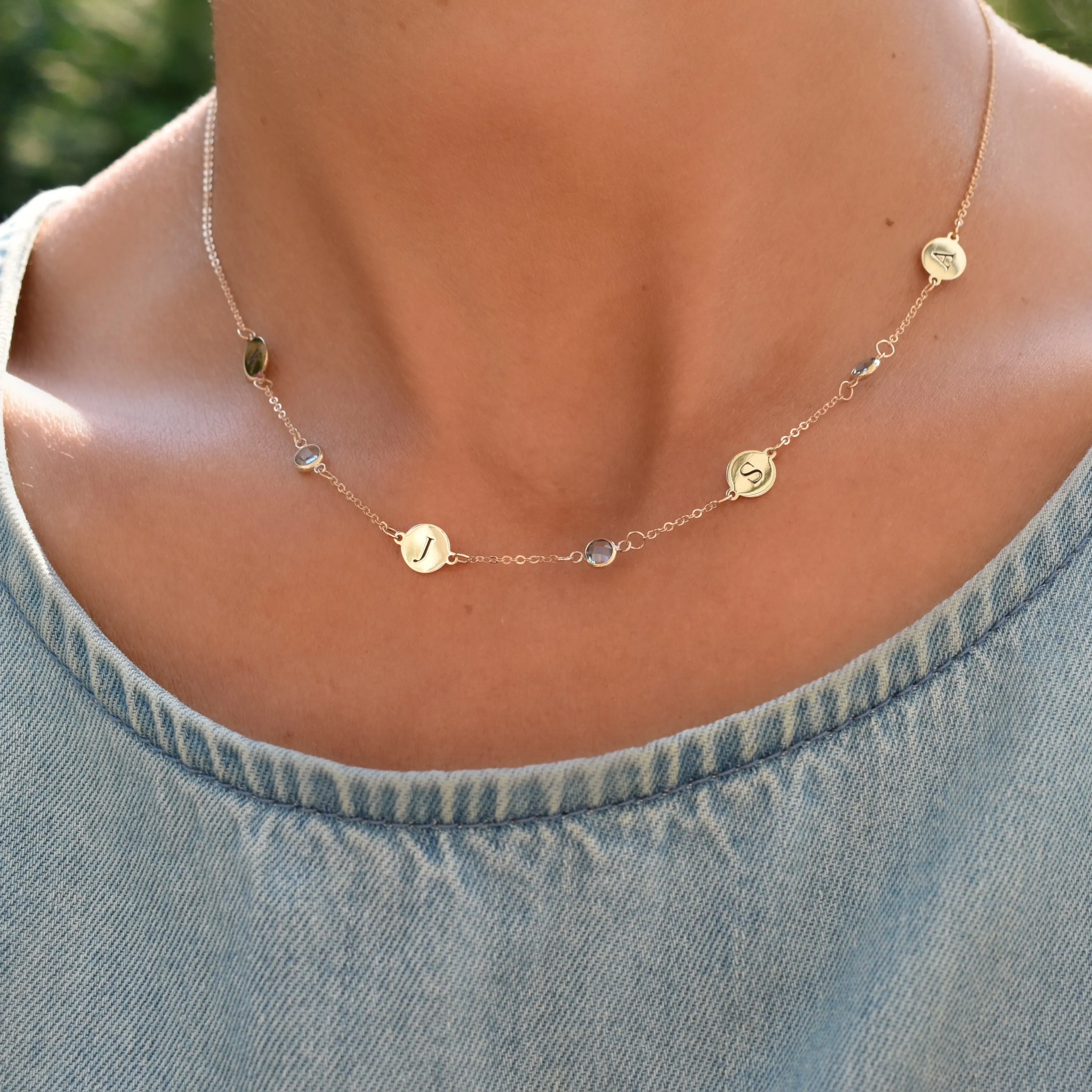 Personalized 4 Letter & 3 Classic Birthstone Necklace in 14k Gold (Double Spacing) sold by Haverhill product image thumbnail 3