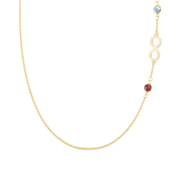 Personalized Classic Infinity & 2 Birthstone Necklace in 14k Gold sold by Haverhill