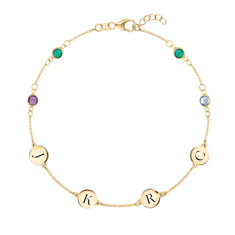 Personalized Classic 4 Letter & 4 Birthstone Bracelet in 14k Gold sold by Haverhill