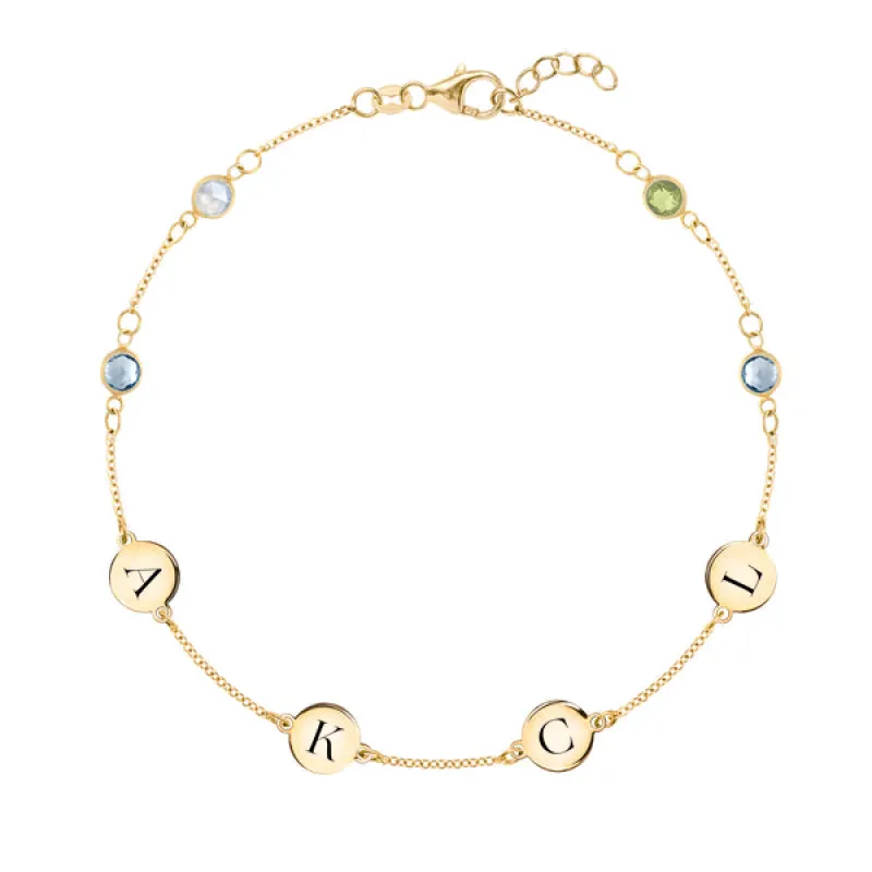 Personalized Classic 4 Letter & 4 Birthstone Bracelet in 14k Gold sold by Haverhill