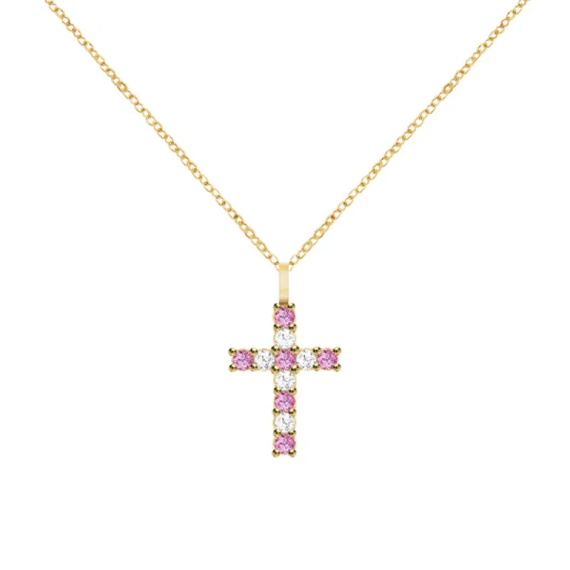 Rosecliff Cross Diamond & Pink Sapphire Pendant in 14k Gold (October) sold by Haverhill