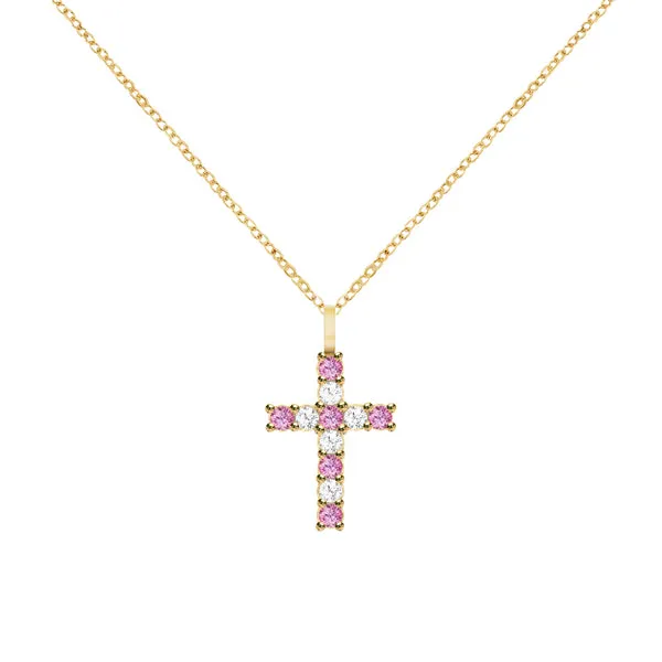 Rosecliff Cross Diamond & Pink Sapphire Pendant in 14k Gold (October) sold by Haverhill
