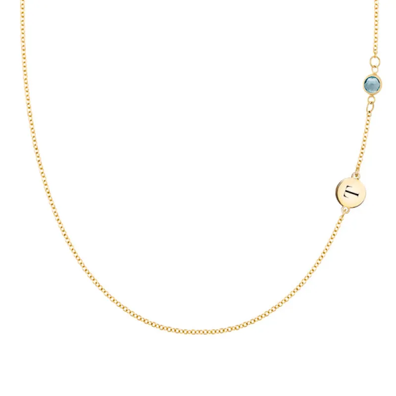 Personalized Classic 1 Letter & 1 Nantucket Blue Topaz Necklace in 14k Gold (December) sold by Haverhill