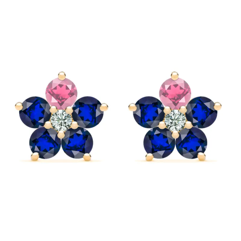 Personalized Greenwich Flower Birthstone & Diamond Earrings in 14k Gold sold by Haverhill
