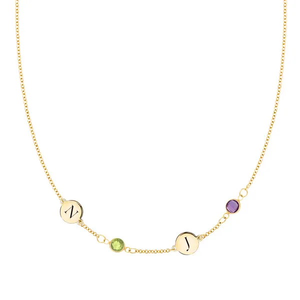 Personalized Classic 2 Letter & 2 Birthstone Necklace in 14k Gold (Single Spacing) sold by Haverhill