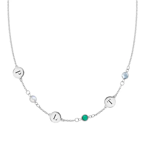 Personalized Classic 3 Letter & 3 Birthstone Necklace in 14k Gold (Single Spacing) sold by Haverhill