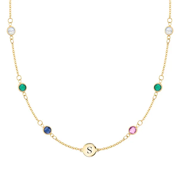 Personalized Classic 1 Letter & 6 Birthstone Necklace in 14k Gold (Double Spacing) sold by Haverhill