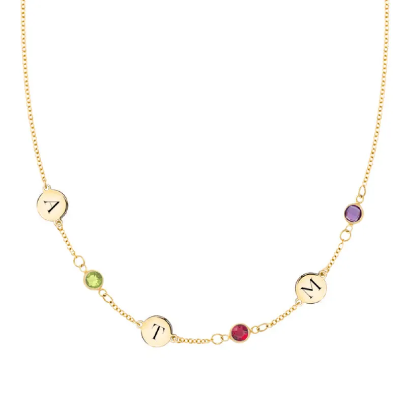 Personalized Classic 3 Letter & 3 Birthstone Necklace in 14k Gold (Single Spacing) sold by Haverhill