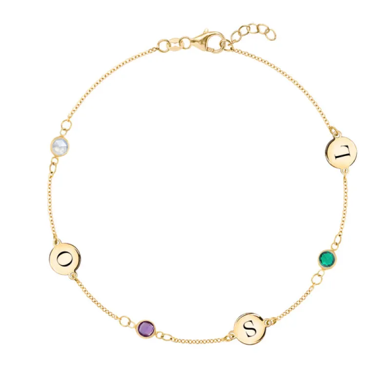 Personalized 3 Letter & 3 Classic Birthstone Bracelet in 14k Gold sold by Haverhill