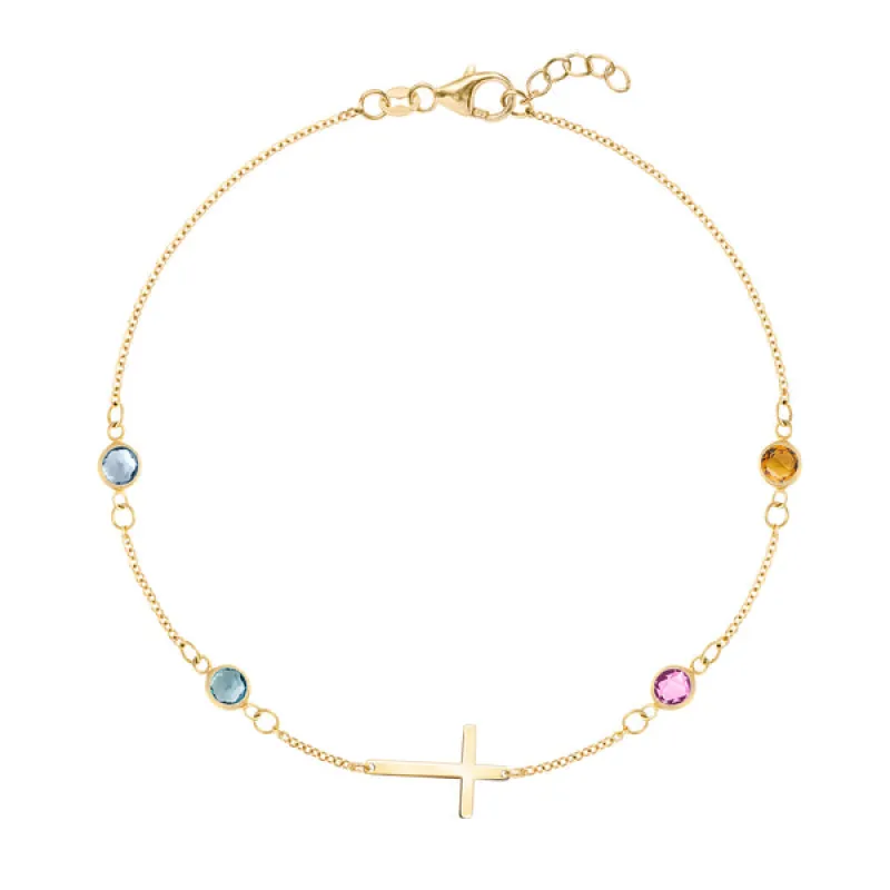 Personalized Classic Cross & 4 Birthstone Bracelet in 14k Gold sold by Haverhill