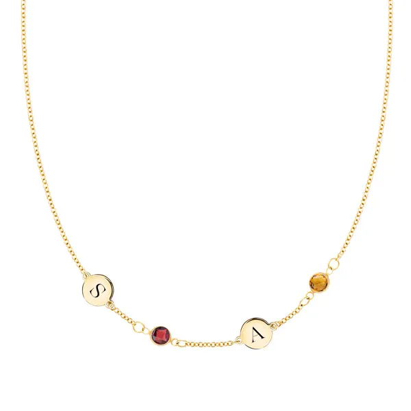 Personalized Classic 2 Letter & 2 Birthstone Necklace in 14k Gold (Single Spacing) sold by Haverhill