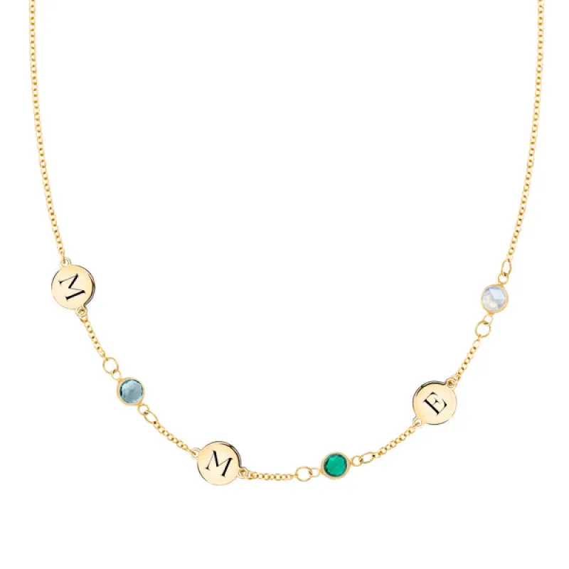 Personalized 3 Letter & 3 Classic Birthstone Necklace in 14k Gold (Single Spacing) sold by Haverhill