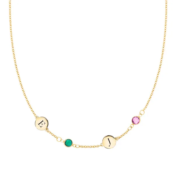 Personalized Classic 2 Letter & 2 Birthstone Necklace in 14k Gold (Single Spacing) sold by Haverhill