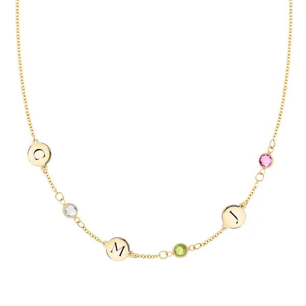 Personalized Classic 3 Letter & 3 Birthstone Necklace in 14k Gold (Single Spacing) sold by Haverhill