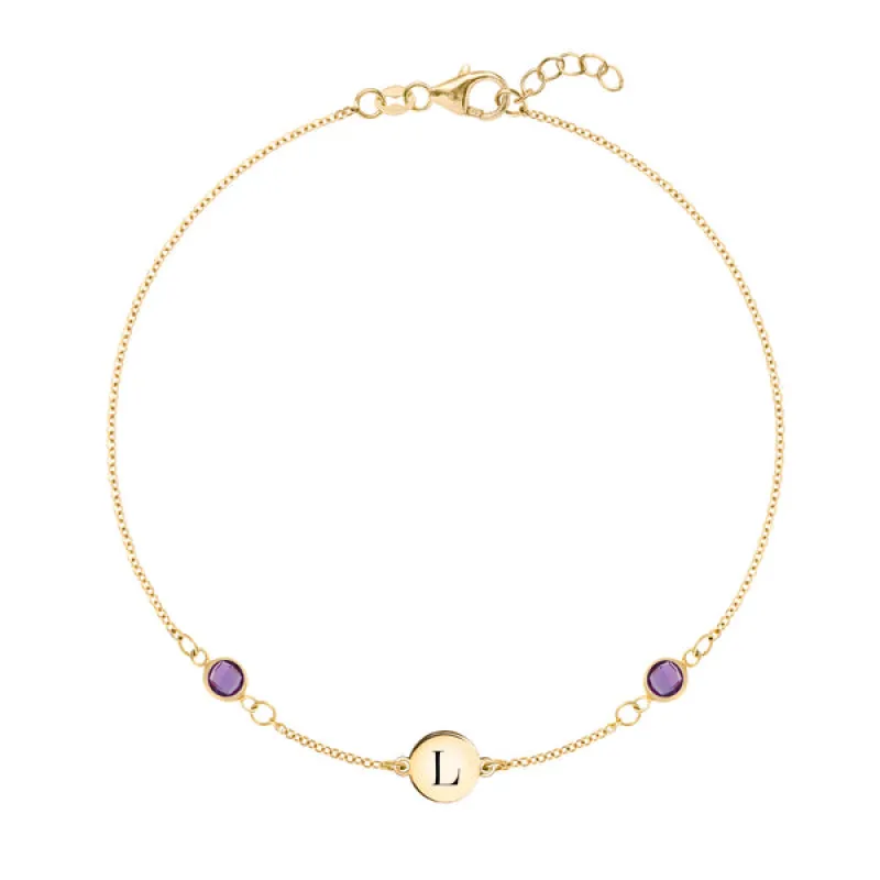 Personalized Classic 1 Letter & 2 Birthstone Bracelet in 14k Gold sold by Haverhill