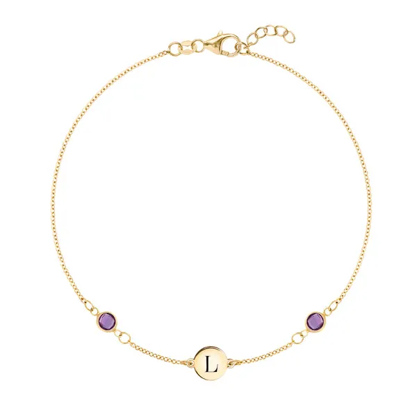 Personalized Classic 1 Letter & 2 Birthstone Bracelet in 14k Gold sold by Haverhill