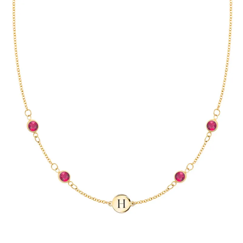 Personalized Classic 1 Letter & 4 Ruby Necklace in 14k Gold (July) sold by Haverhill