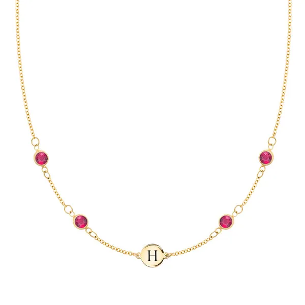 Personalized Classic 1 Letter & 4 Ruby Necklace in 14k Gold (July) sold by Haverhill
